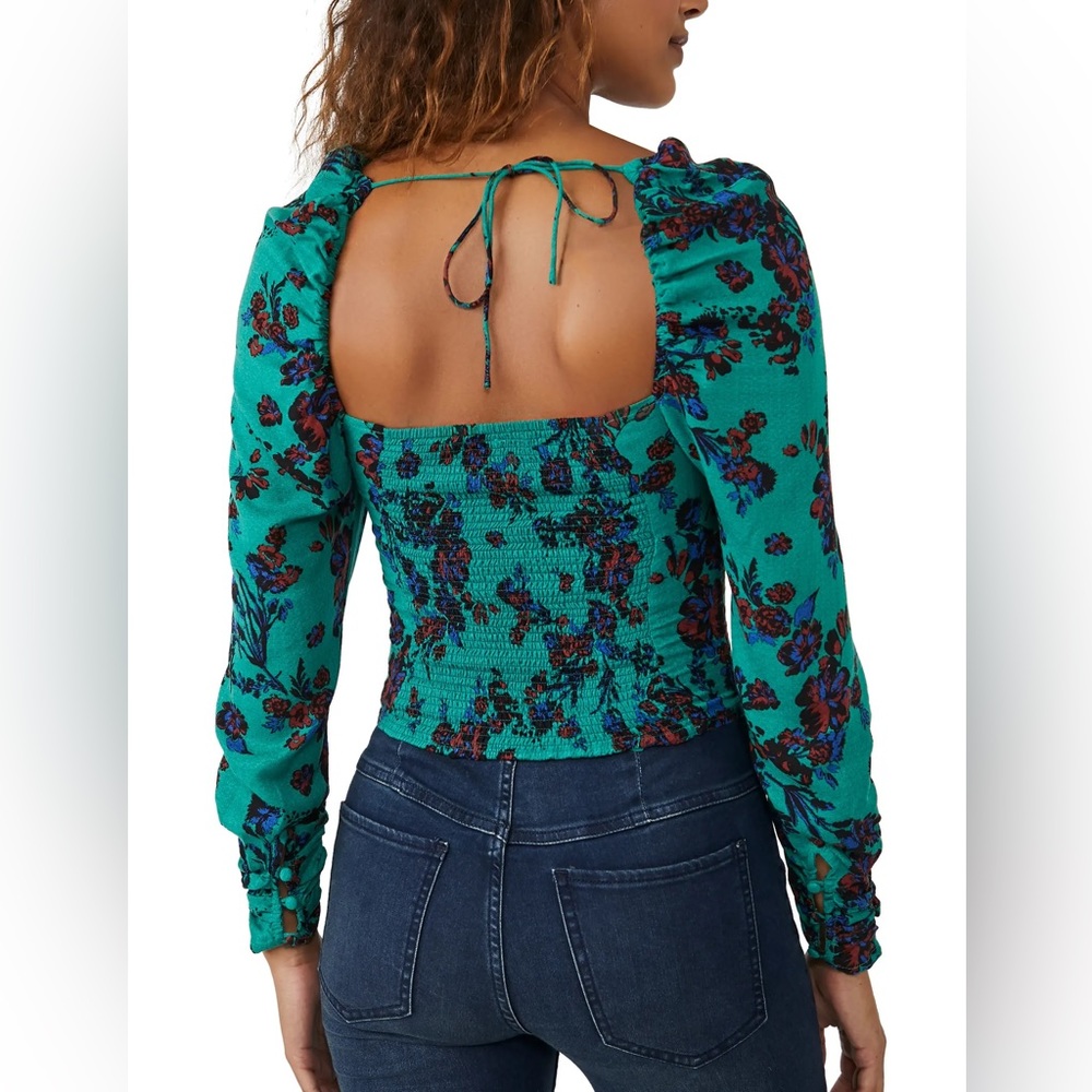 NEW Free People Hilary Printed Top in Green Combo - Picture 6 of 7